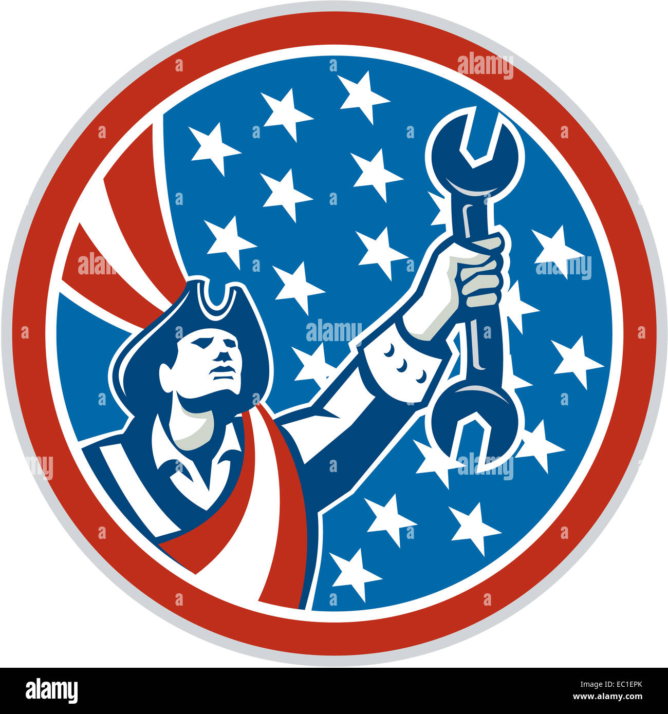 Illustration d'un mécanicien américain patriot clé clé de définir à l'intérieur du cercle avec usa stars and stripes dans l'arrière-plan fait en style rétro. Banque D'Images
