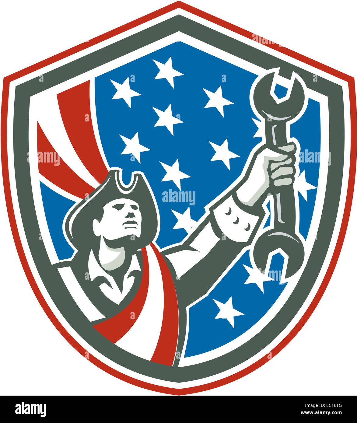 Illustration d'un mécanicien américain patriot clé clé de retenue situé dans shiekld avec usa stars and stripes dans l'arrière-plan fait en style rétro. Banque D'Images