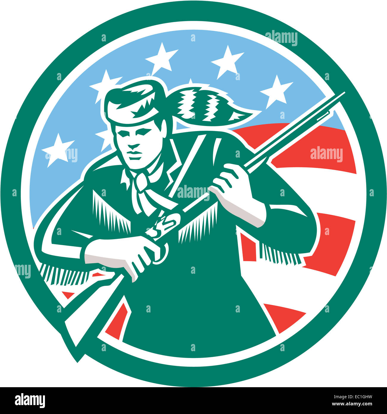 Illustration d'un patriote américain pionnier colonist colon Daniel Boone holding rifle fusil fixé à l'intérieur du cercle avec american stars and stripes drapeau dans l'arrière-plan fait en style rétro. Banque D'Images