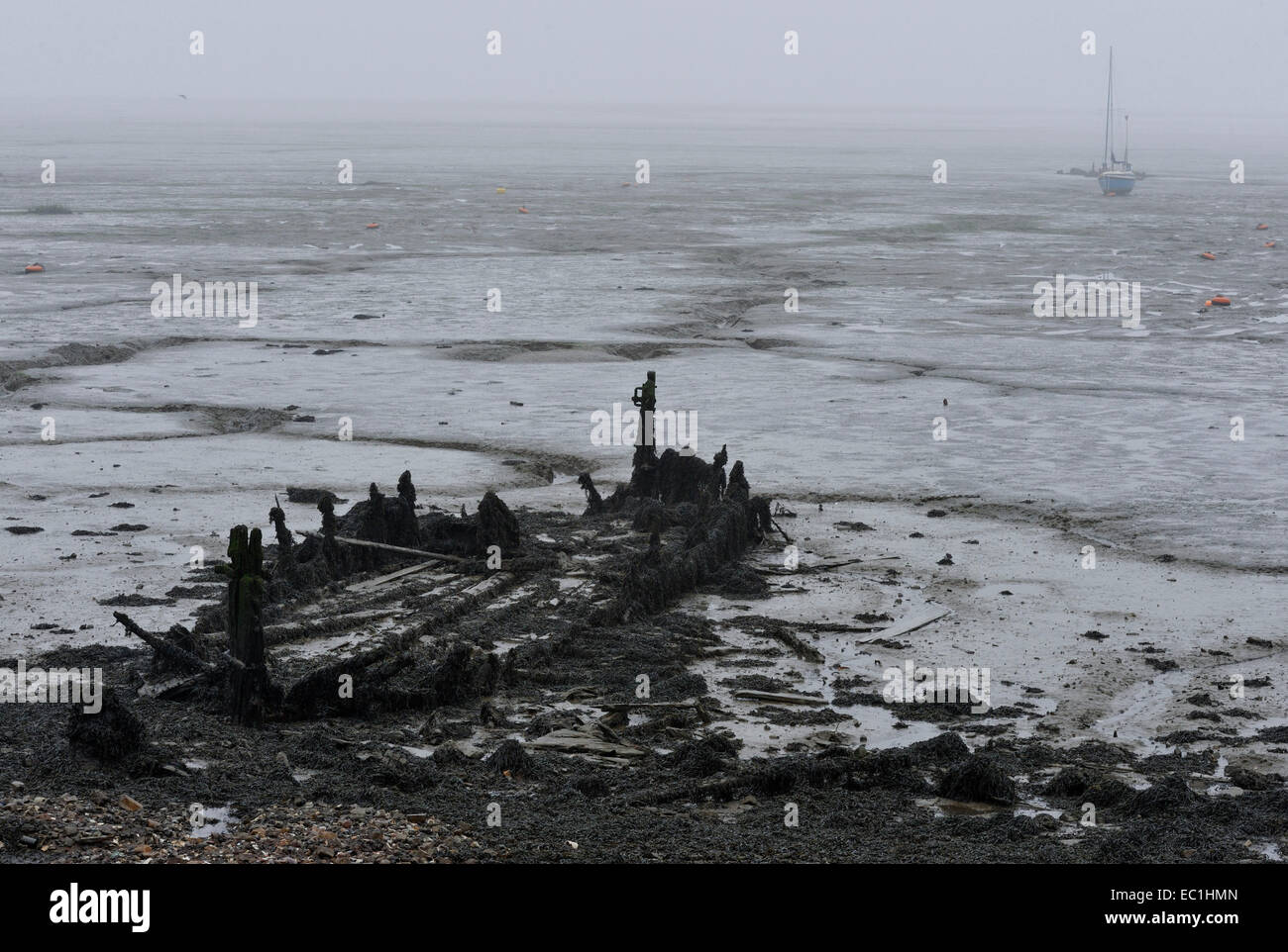 Dickens - boue Medway à marée basse avec barge Medway en décomposition. Un paramètre possible pour la scène d'ouverture du roman de Charles Dickens de grandes espérances : la réunion du Pip le prisonnier Magwitch Banque D'Images