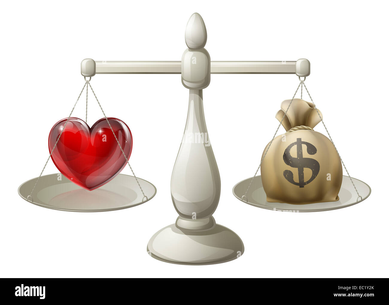 L'amour ou de l'argent avec concept love heart être pesé contre le sac sur les balances Banque D'Images