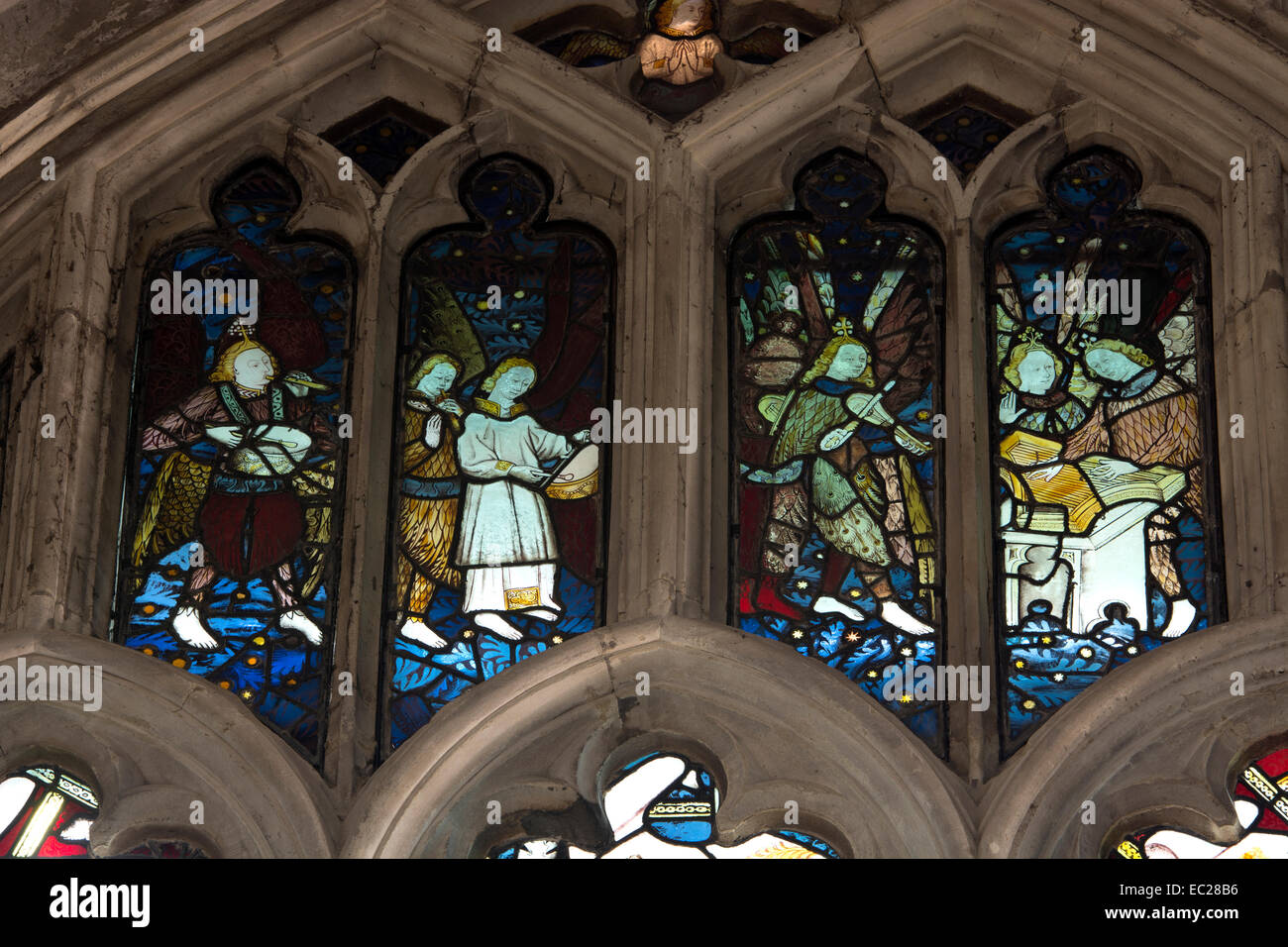 Musiciens médiévale vitrail dans la chapelle Beauchamp, Eglise St Mary, Warwick, Warwickshire, England, UK Banque D'Images