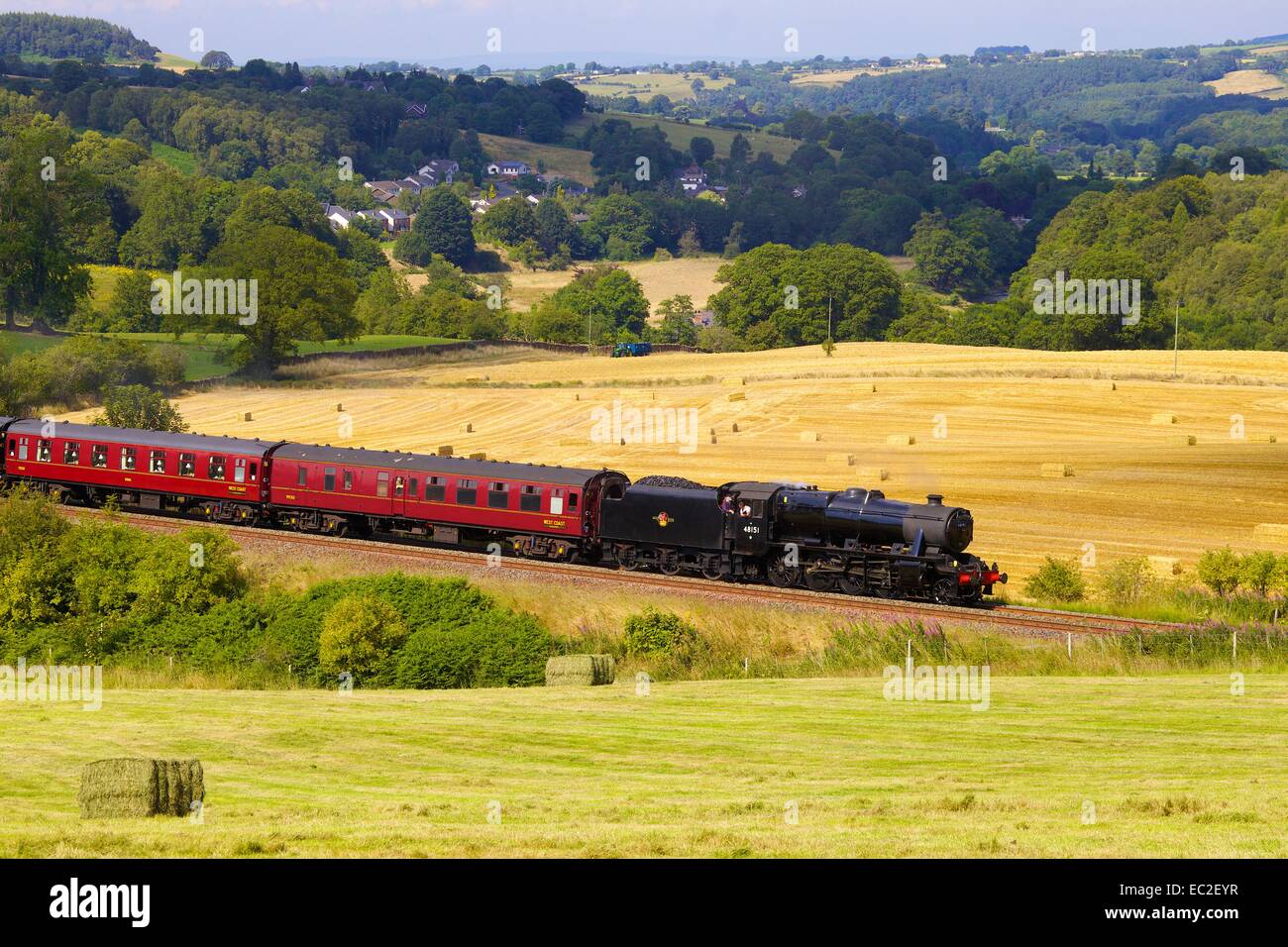 LMS Classe 8F 48151 Stanier, train à vapeur passant hay field, Eden Valley, Cumbria, England, UK. Banque D'Images