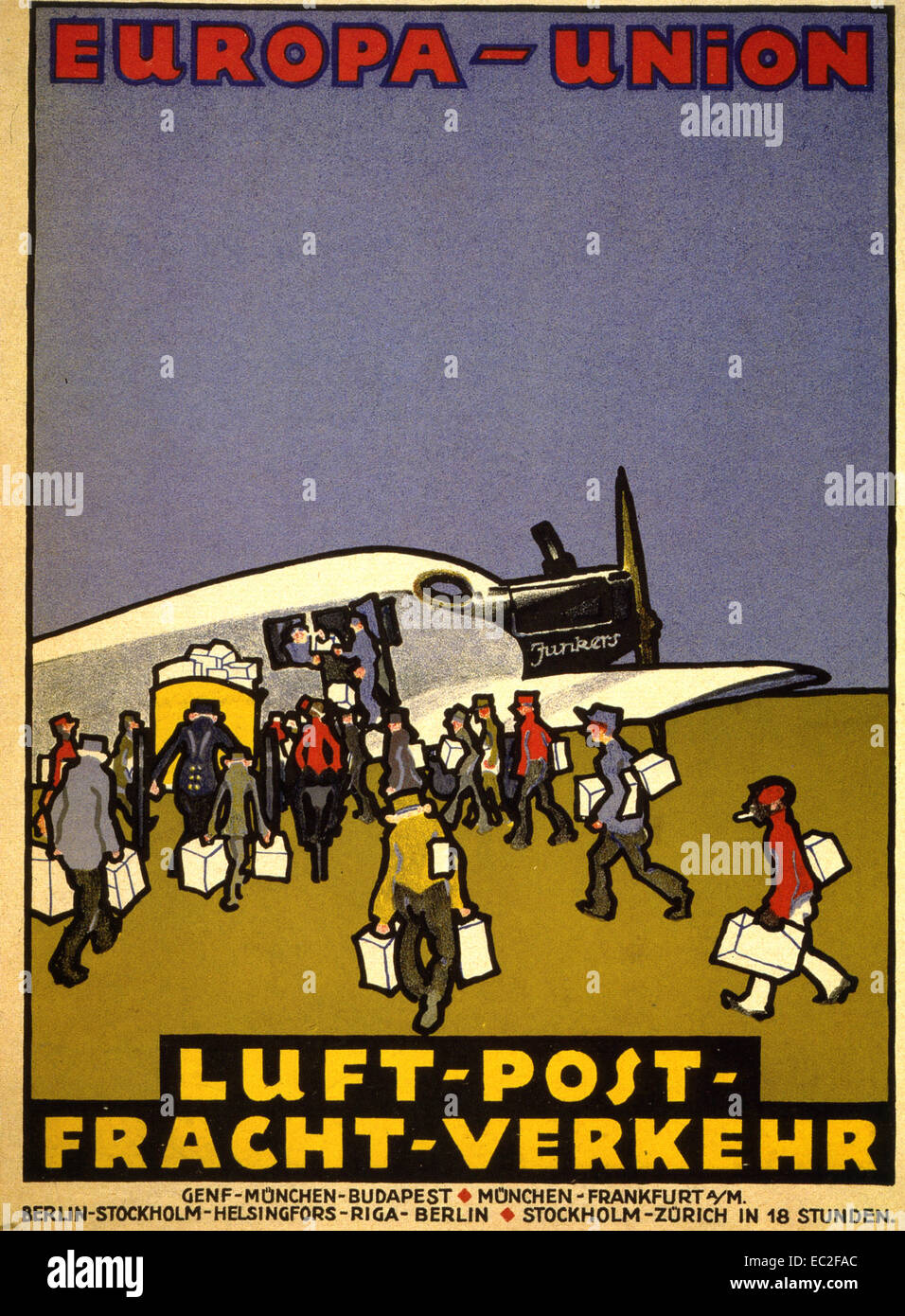 EUROPA-UNION EUROPÉENNE À propos de l'affiche de la poste aérienne 1932 montrant un avion cargo Junkers Banque D'Images