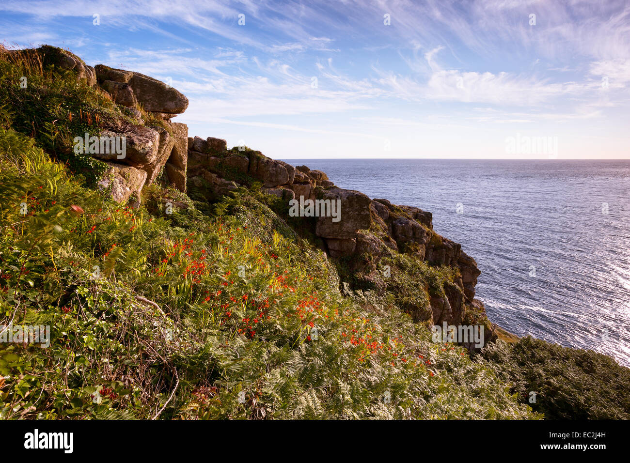 Falaise de vues sur la côte sud-ouest de Porth Nanven chemin près de Cornwall Uk Banque D'Images