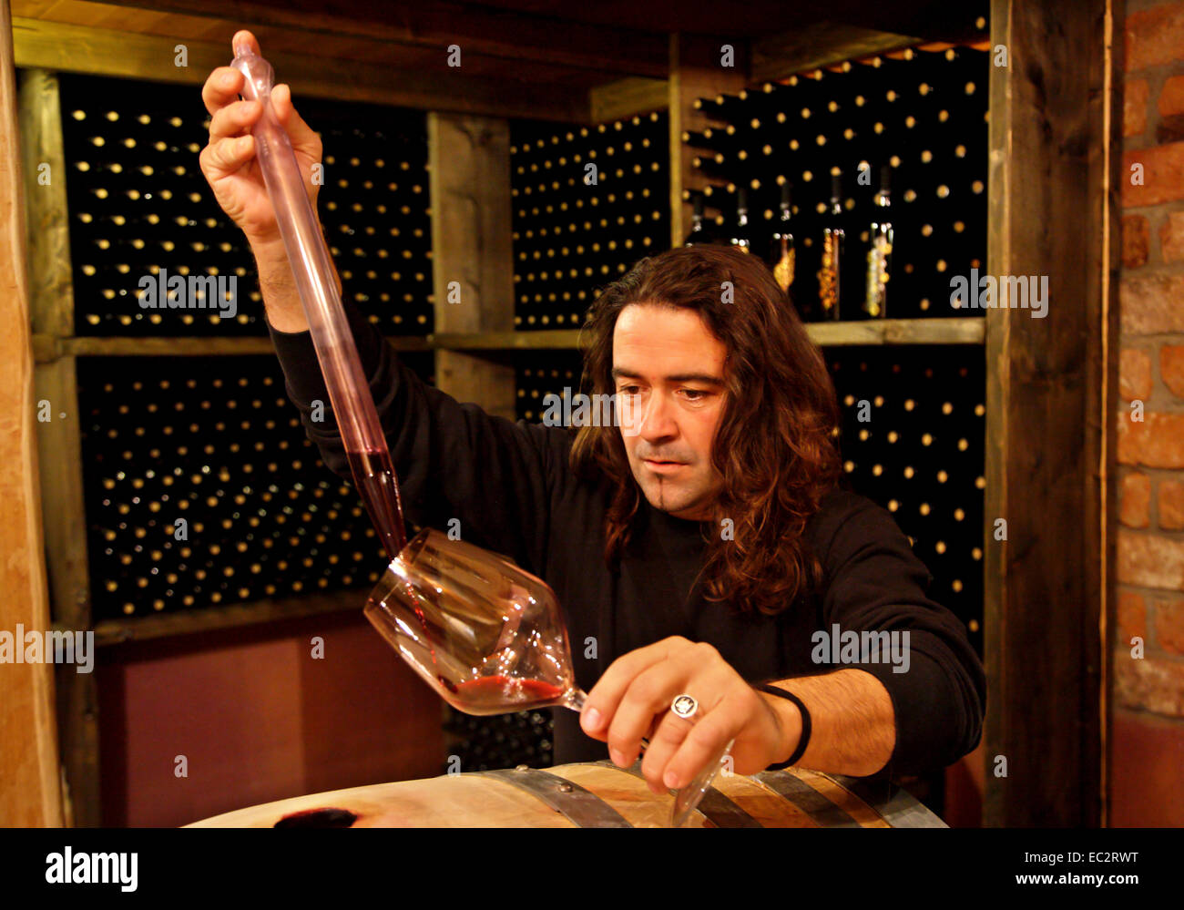 M. Apostolos Kourtis, vin de Rachi (village de Piérie, Macédoine, Grèce) dans sa cave. Banque D'Images