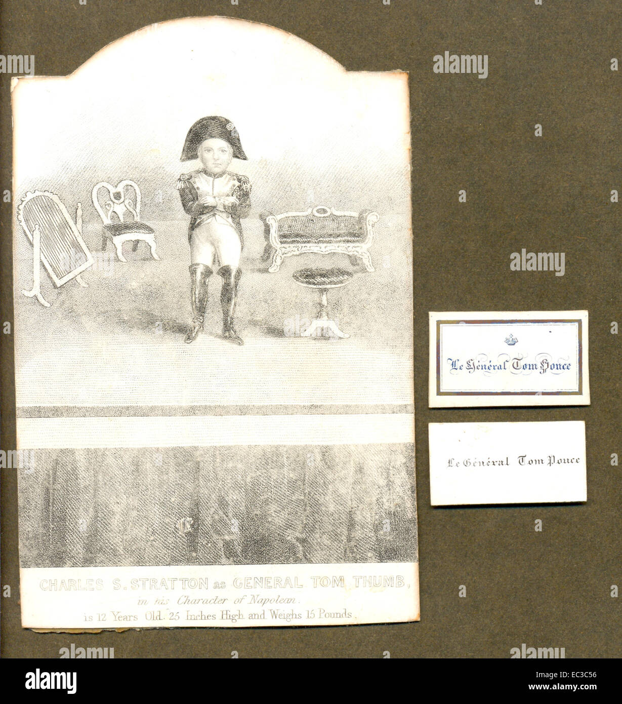Carte Souvenir de Charles S Stratton dans son caractère de Napoléon avec deux de ses cartes de visite. Banque D'Images Carte Souvenir de Charles S Stratton dans son caractère de Napoléon avec deux de ses cartes de visite. Banque D'Images