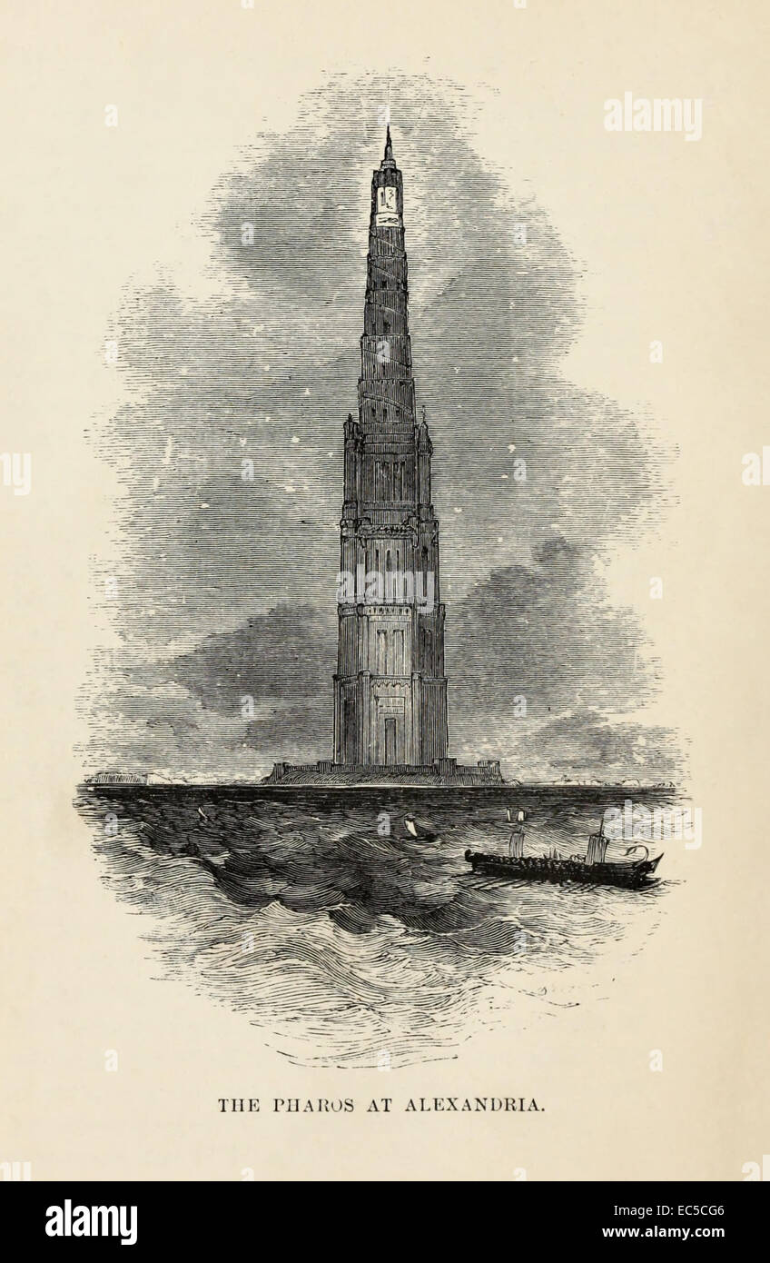 Phare d'Alexandrie, une des sept merveilles du monde antique, illustration par William Harvey. Voir la description pour plus d'informations. Banque D'Images