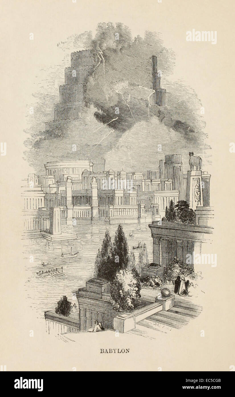 Jardins suspendus de Babylone, une des sept merveilles du monde antique, illustration par