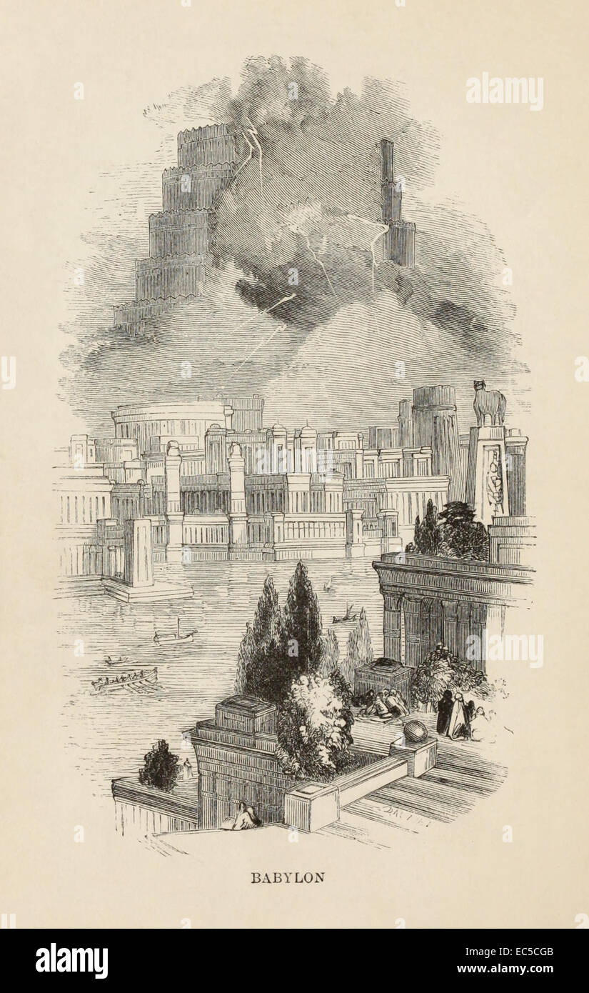 Jardins suspendus de Babylone, une des sept merveilles du monde antique, illustration par William Harvey. Voir la description pour plus d'informations. Banque D'Images