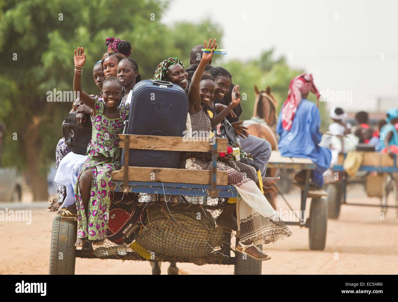Touba, Sénégal. Nov 9, 2014. Vague de pèlerins sur un chariot à Touba, la ville sainte du Sénégal, Novembre 9, 2014. Le festival célébrera sénégalais de Grand Magal jeudi, un pèlerinage annuel qui est estimée pour attirer plus de 2 millions de fidèles Mouride dans l'Afrique de l'Ouest et dans le monde. © Li Jing/Xinhua/Alamy Live News Banque D'Images