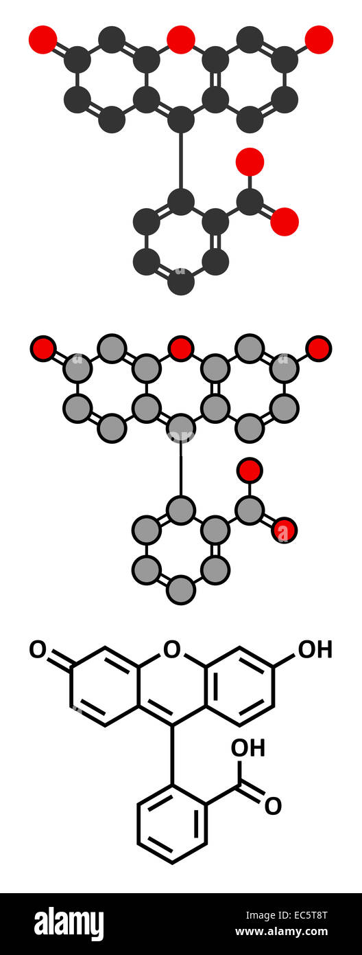Molécule fluorescente à la fluorescéine. Formule topologique classique et représentations stylisées. Banque D'Images