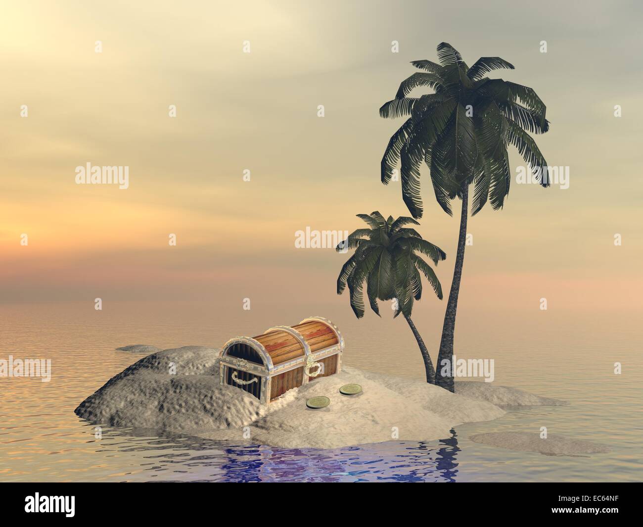 Un coffre de trésor seul sur petite île avec des palmiers au milieu de l'océan par le coucher du soleil Banque D'Images