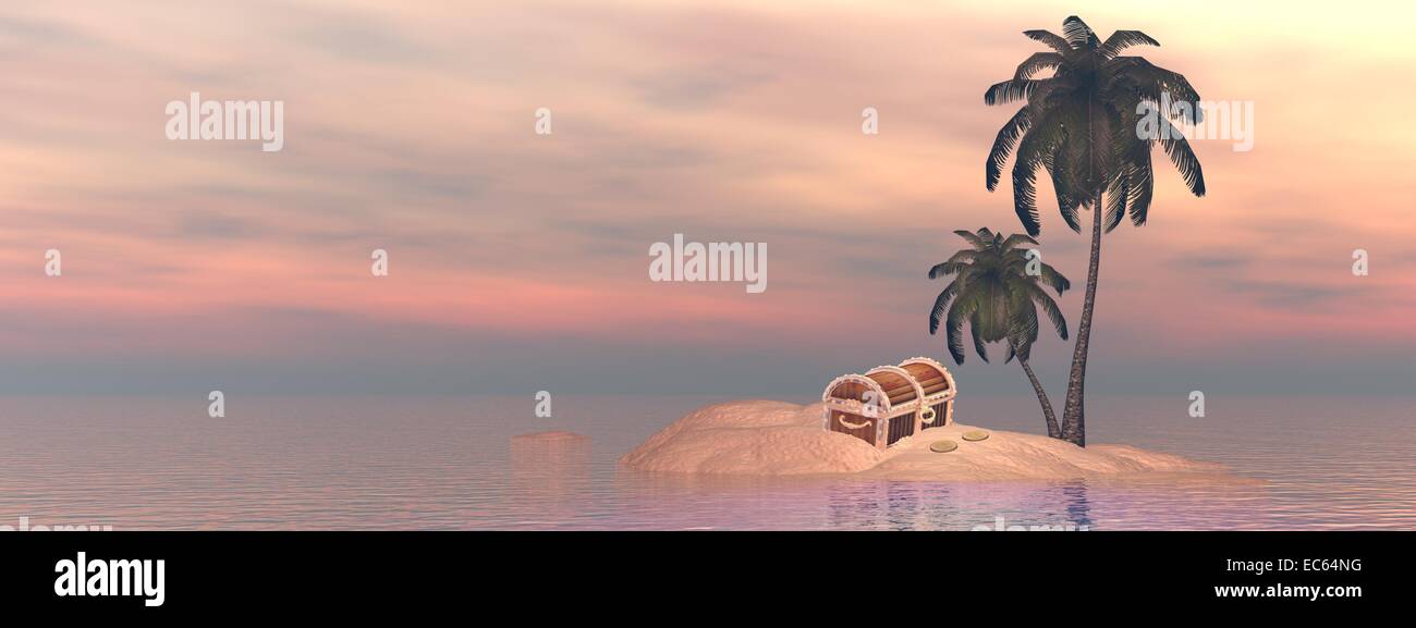 Un coffre de trésor seul sur petite île avec des palmiers au milieu de l'océan par le coucher du soleil Banque D'Images