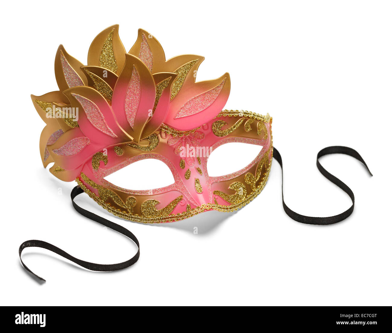 À PLUMES rose et or Masque de Venise isolé sur fond blanc. Banque D'Images