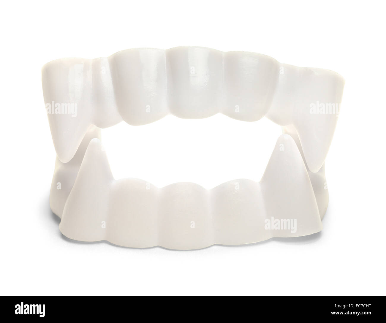Dents De Vampire en plastique blanc isolé sur fond blanc, Banque D'Images
