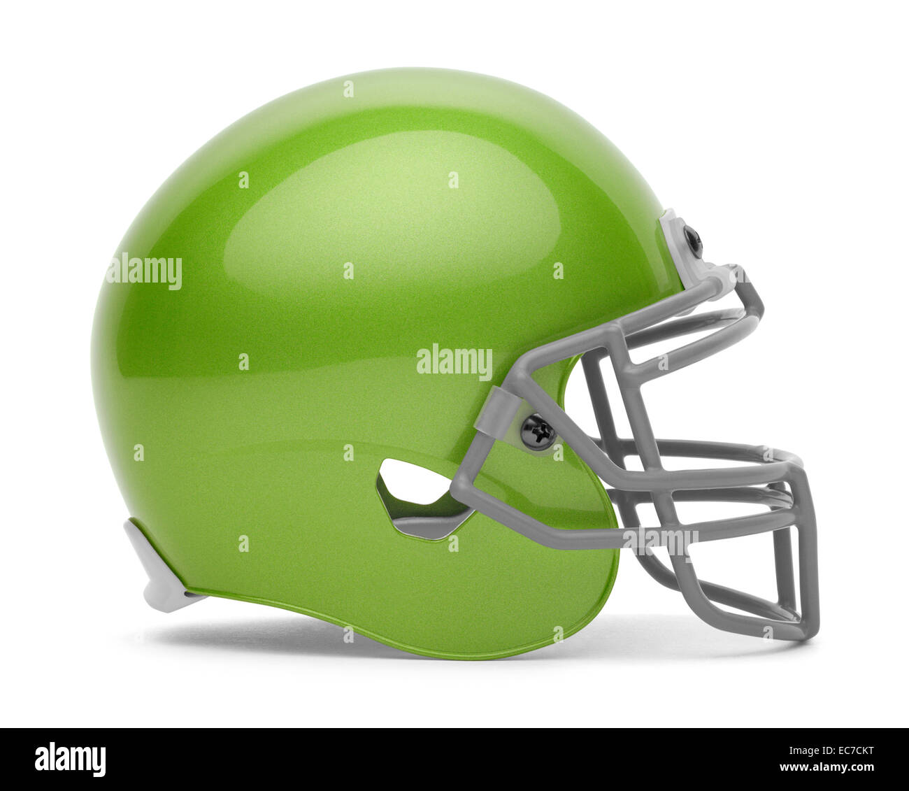 Vue latérale du casque de football vert avec copie espace isolé sur fond blanc. Banque D'Images