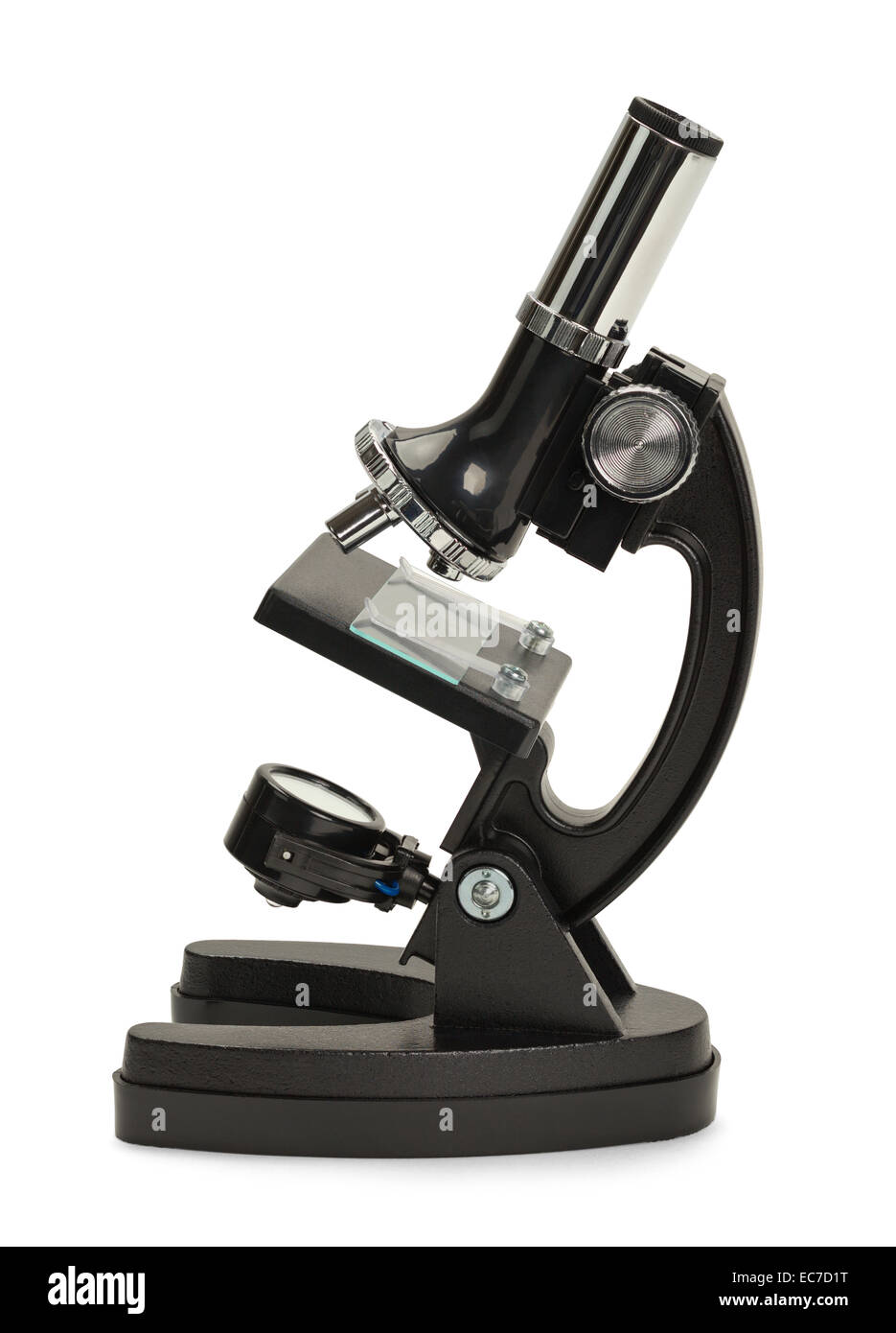 Nouveau Microscope Noir Vue de côté isolé sur fond blanc. Banque D'Images