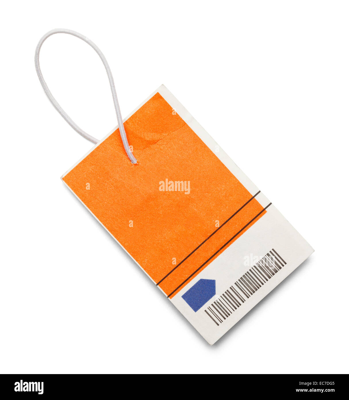 Tag vente Orange et Blanc avec code barre isolé sur fond blanc. Banque D'Images