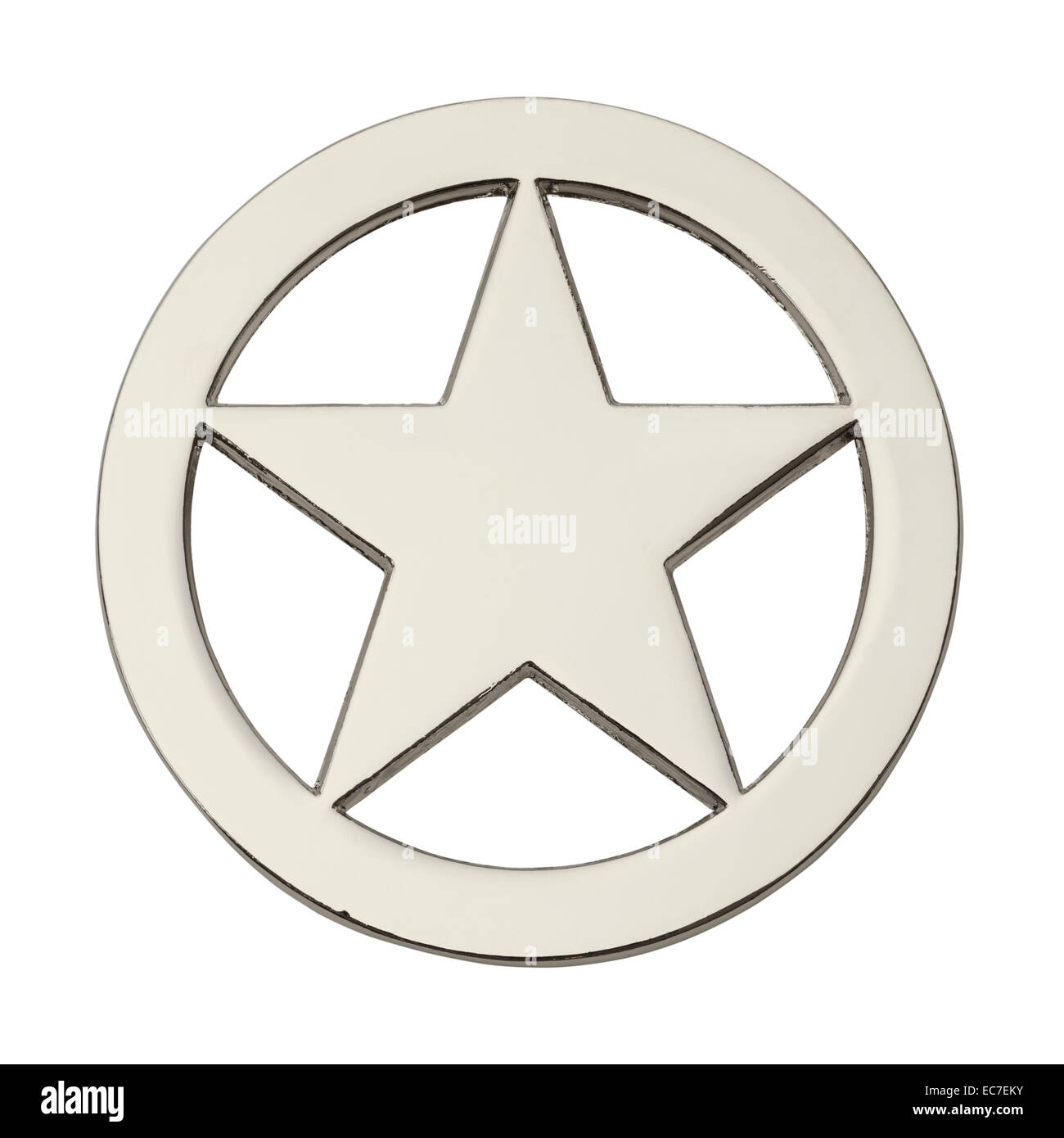 Round Badge Silver Star isolé sur fond blanc. Banque D'Images