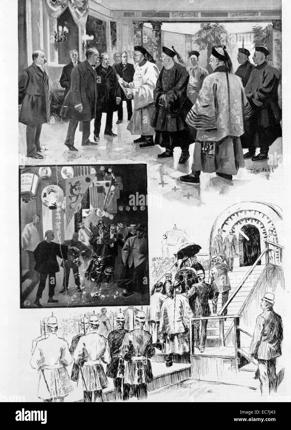 La visite de l'Ambassadeur de Chine, 1896 PAR T. Dart Walker. Trois illustrations montrant la réception de l'ex-Secrétaire Whitney's house au cours de laquelle Li hongzhang a présenté le Président Cleveland avec une lettre de l'empereur de Chine. La célébration continue dans le quartier chinois et une vue de la visite à la tombe de Grant. Banque D'Images