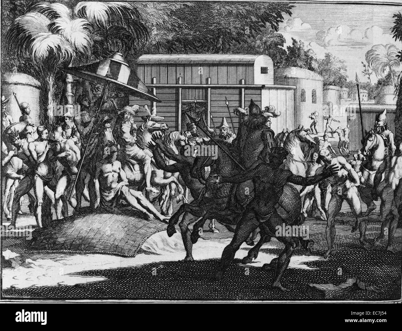 La manière dont les Toscaluça a reçu le général, 1731. Hernando de Soto était un explorateur et conquistador espagnol qui a dirigé la première expédition Européenne sur le territoire de l'United States. Banque D'Images