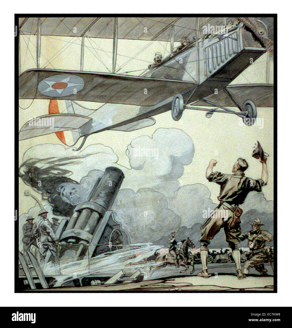 Dessin représentant un avion de guerre, l'artillerie, des armes à feu et les soldats par Edward Penfield. Banque D'Images
