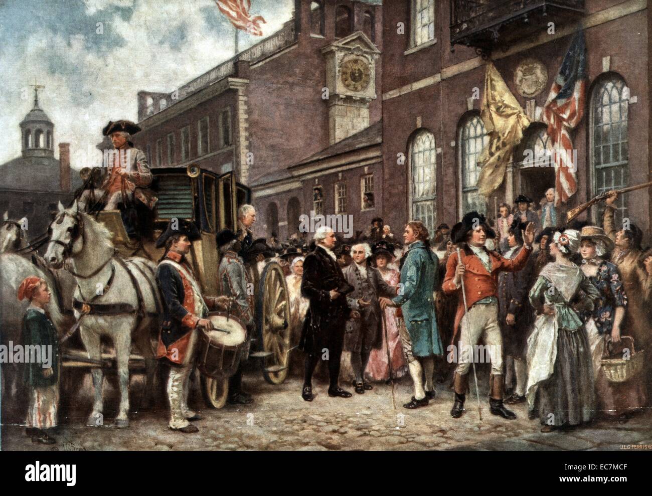 Inauguration de Washington à Philadelphie par J.L.G. Ferris. Imprimer montre George Washington arrivant à Salle des congrès à Philadelphie, le 4 mars 1793. Banque D'Images