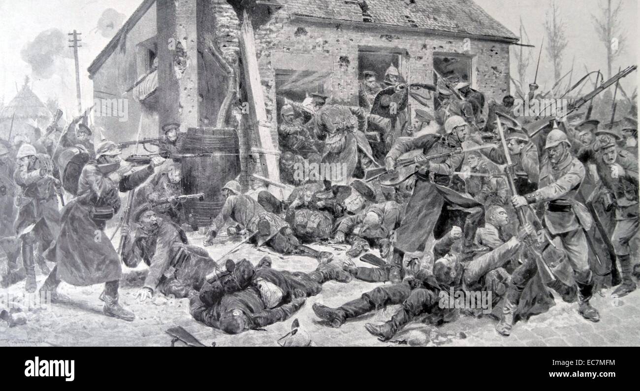 Scène de coups comme soldats britanniques re-prendre le village de Maroilles à partir de l'armée allemande d'occupation Août 1914 Banque D'Images