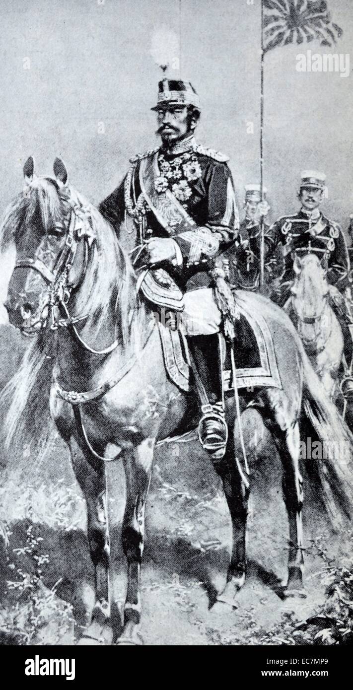 L'empereur Meiji (1852 -1912), ou le Grand, Meiji Empereur du Japon de 1867 jusqu'à sa mort. Il a présidé une époque de changements rapides dans l'Empire du Japon, comme la nation a changé rapidement d'un état féodal à un capitaliste et impériale puissance mondiale, caractérisée par la révolution industrielle du Japon. vu ici à la tête de la cavalerie japonaise en Chine 1895 Banque D'Images