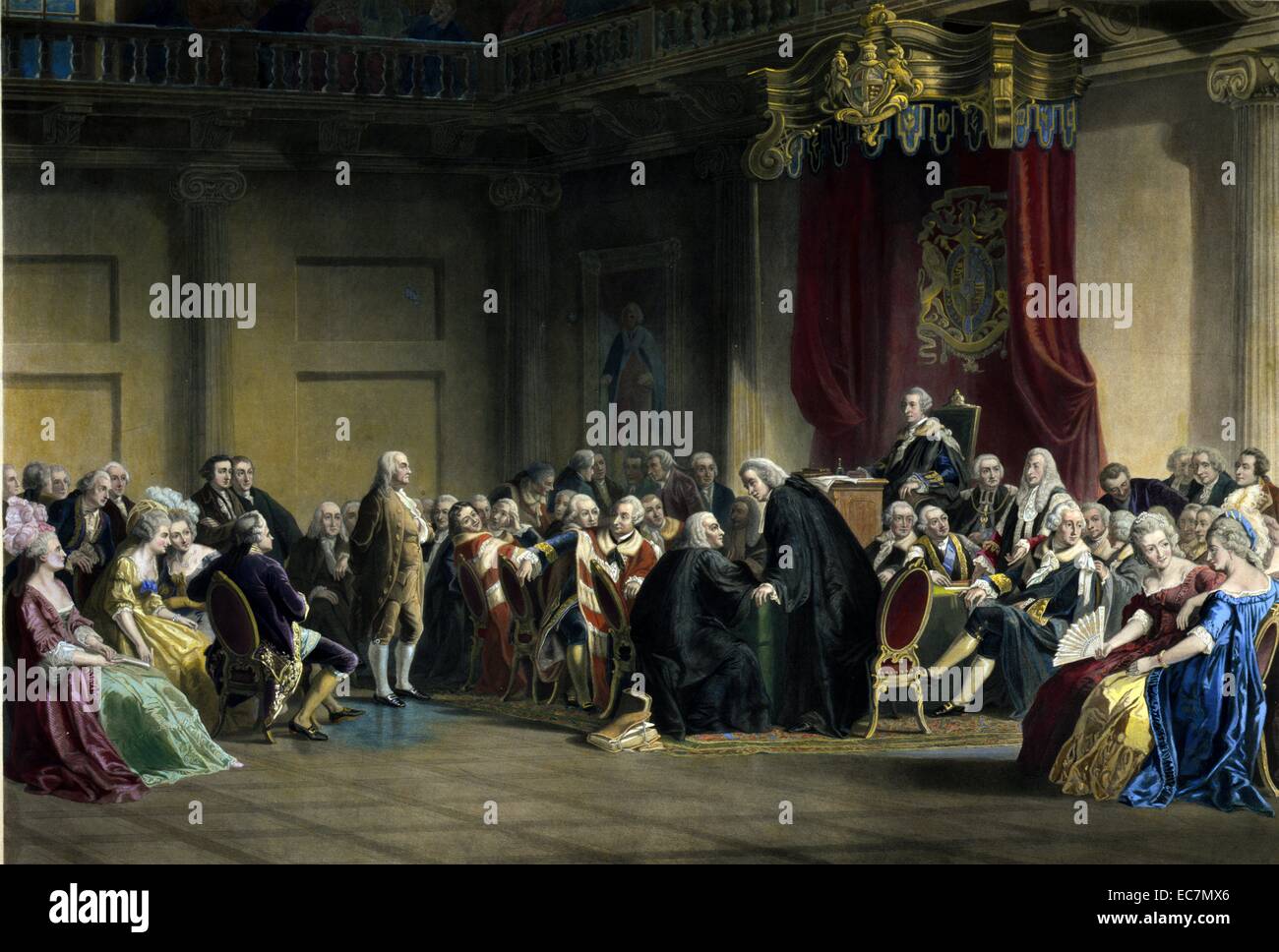 Benjamin Franklin, debout devant les seigneurs en conseil à Whitehall Chapelle, en 1774, présenter les préoccupations des colons américains. Banque D'Images