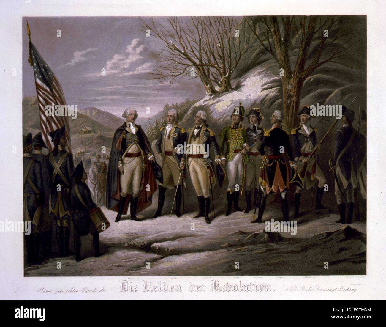 Die Helden der Revolution. Le général Washington debout avec Johann De Kalb, le baron Von Steuben, Kazimierz Pulaski, Tadeusz Kosciuszko, Lafayette, John petite, et d'autres officiers au cours de la guerre révolutionnaire. Banque D'Images