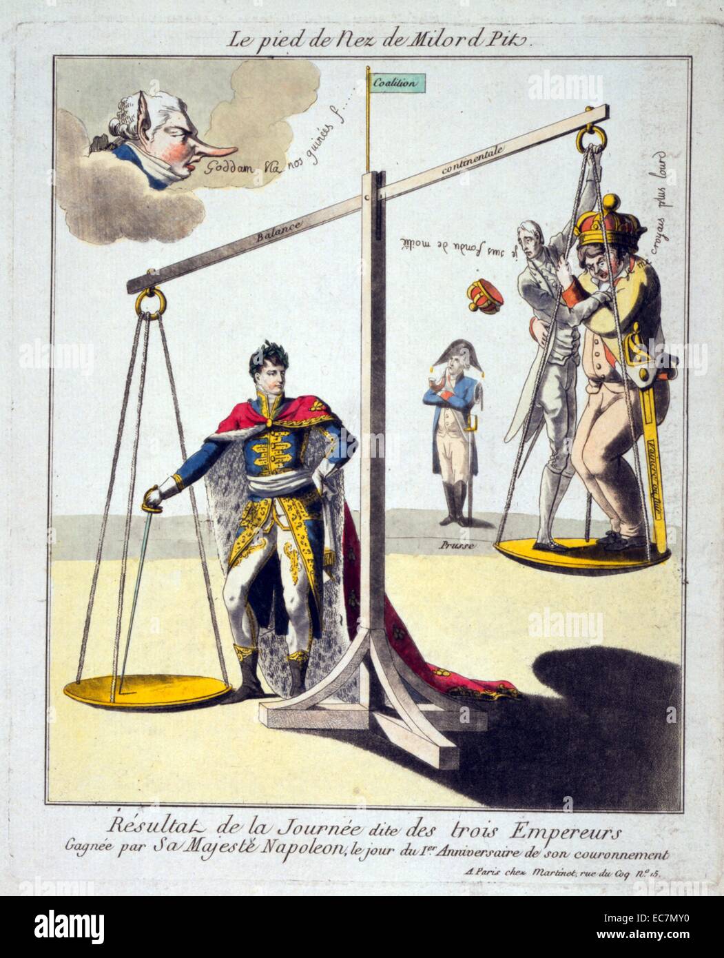 Le pied de nez de Milord fosse. Caricature montre Napoléon I, le port de  couronne de laurier et l'hermine, robe, la poussant vers le bas d'un côté  d'une échelle avec son épée,
