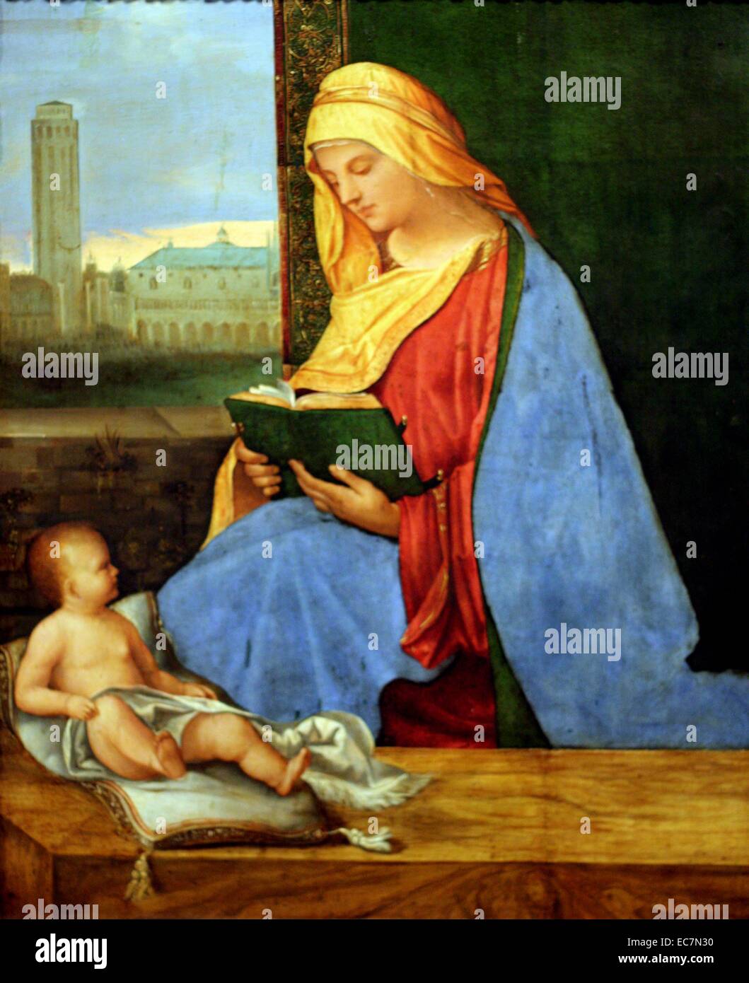 Cercle de Giorgione (1477/78 - 1510) vierge et l'enfant souvent appelé l'Hubac Madonna. Cette dévotion tendre est la peinture par un artiste proche de Giorgione. Il était célèbre pour la beauté et l'originalité de ses peintures. Banque D'Images