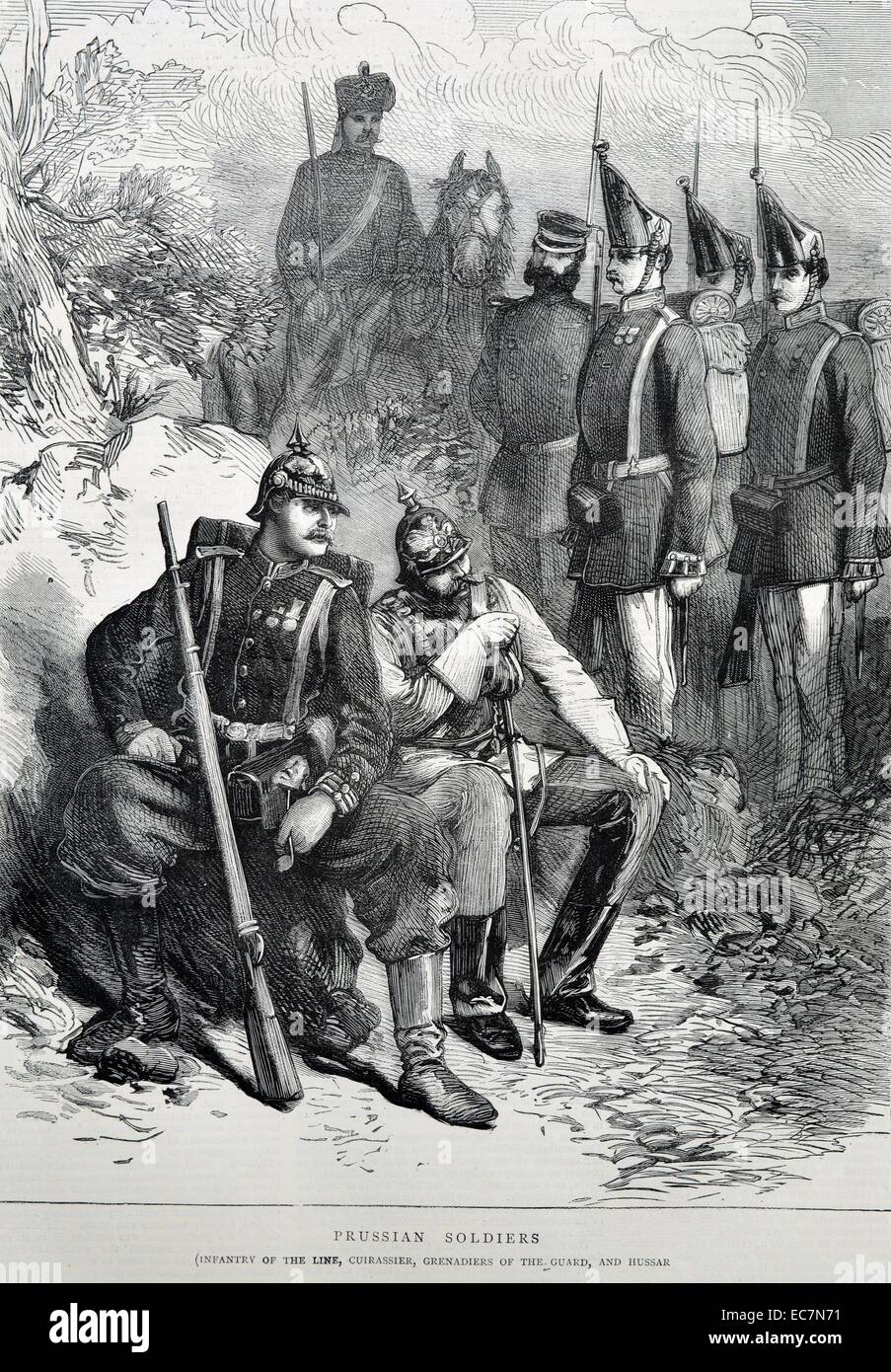 Soldats Prussiens gravure représente le repos d'autres soldats attendre les ordres. Datée 1870 Banque D'Images