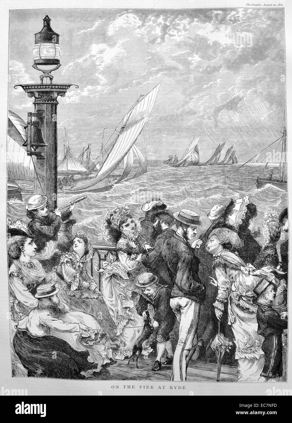 Gravure présente une scène sur un quai à Ryde, une ville balnéaire britannique. Datée 1870 Banque D'Images