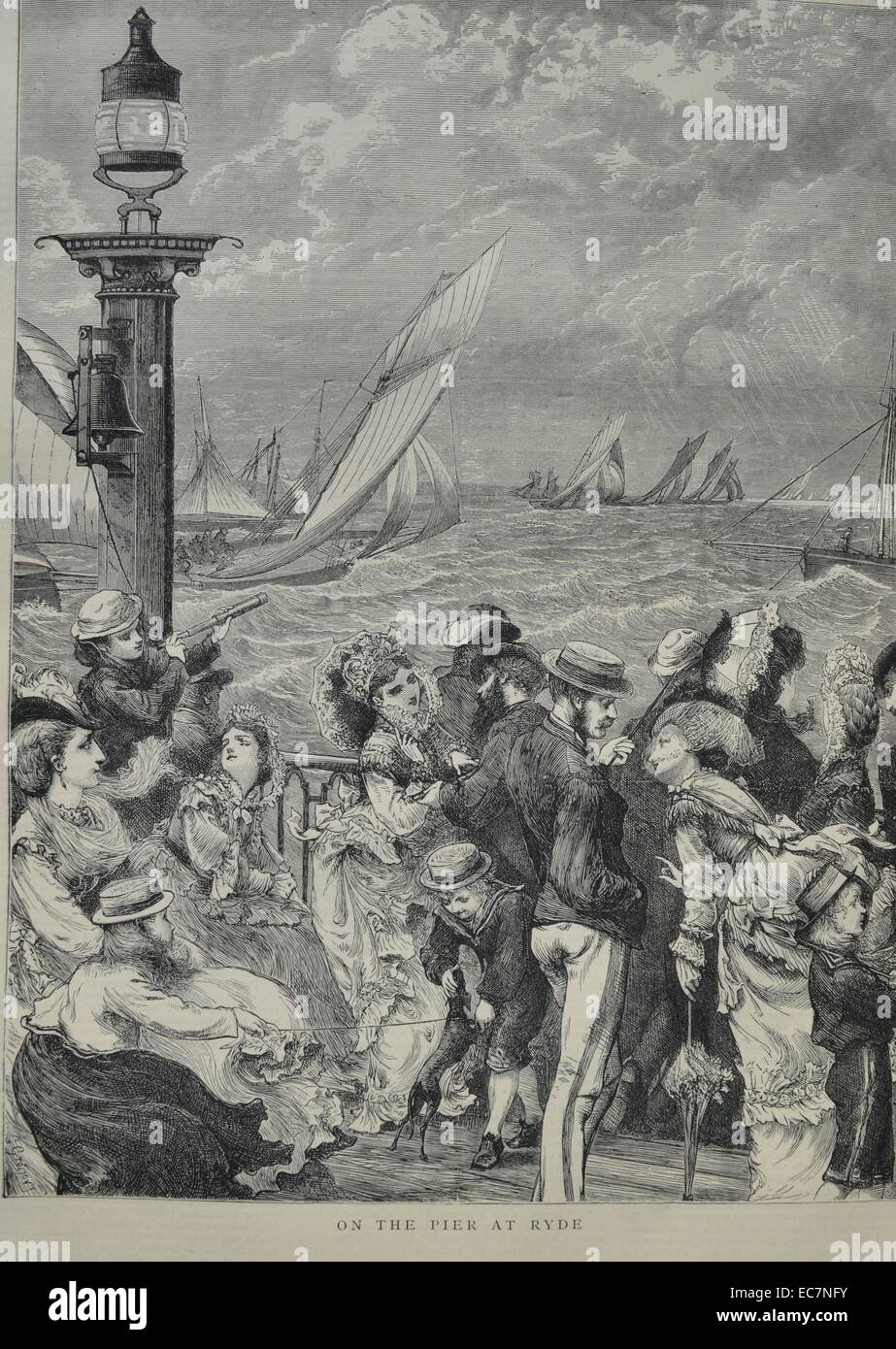 Gravure présente une scène sur un quai à Ryde, une ville balnéaire britannique. Datée 1870 Banque D'Images