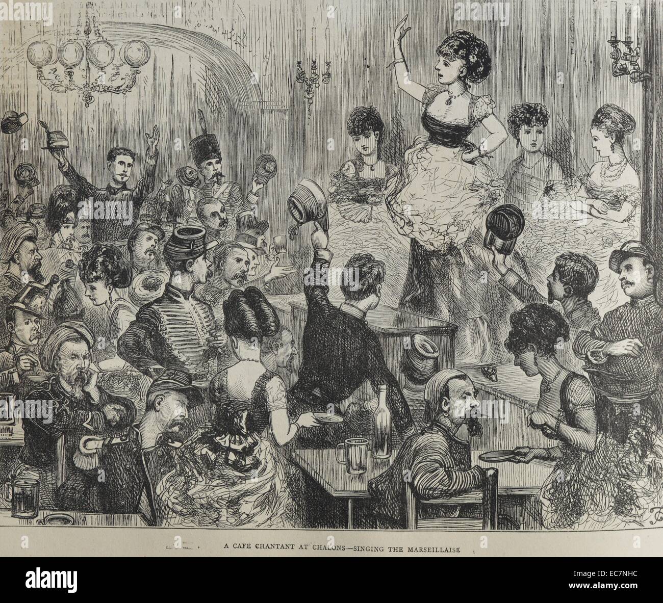 Gravure d'un café chantant à Chalons, chanter la Marseillaise. Datée 1870 Banque D'Images