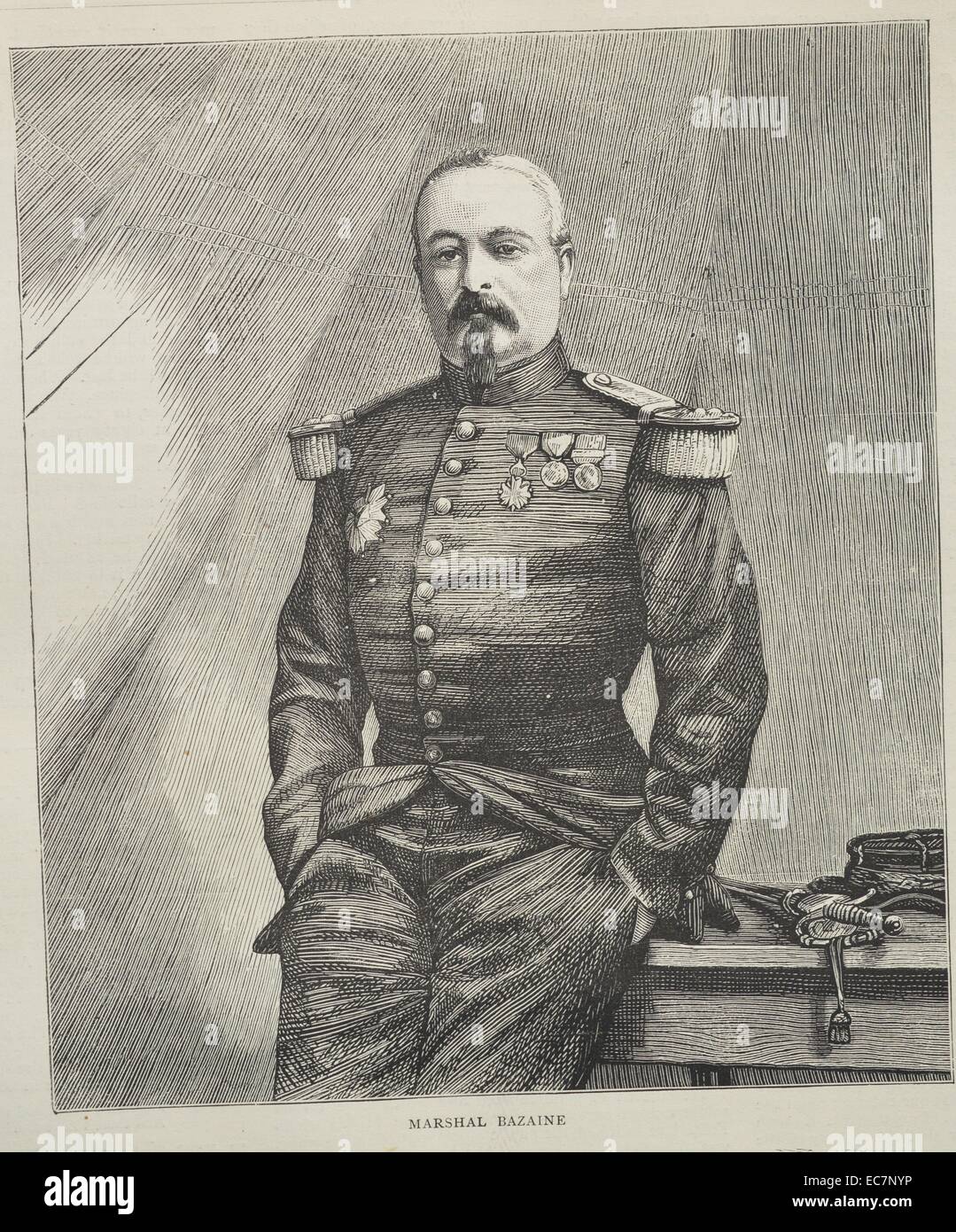 Gravure du Maréchal François Achille Bazaine (1811 - 1888), général français et à partir de 1864, maréchal de France, qui s'est rendu la dernière armée française organisée pour les Prussiens lors de la guerre franco-prussienne. Datée 1870 Banque D'Images