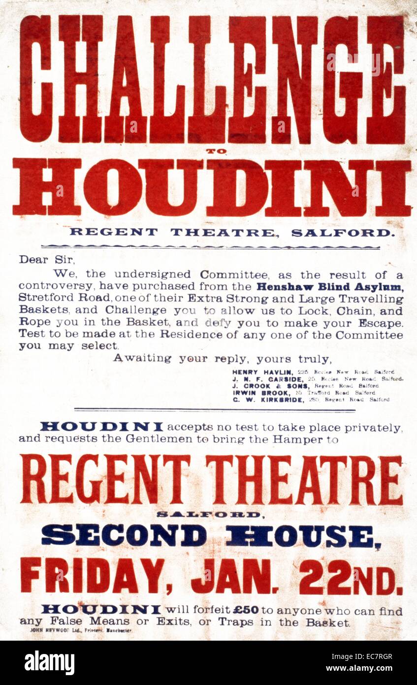 Défi d'Houdini, Regent Theatre ; Salford 1904. Affiche pour montrer par l'illusionniste et escapologist Harry Houdini, 1874-1926. Banque D'Images