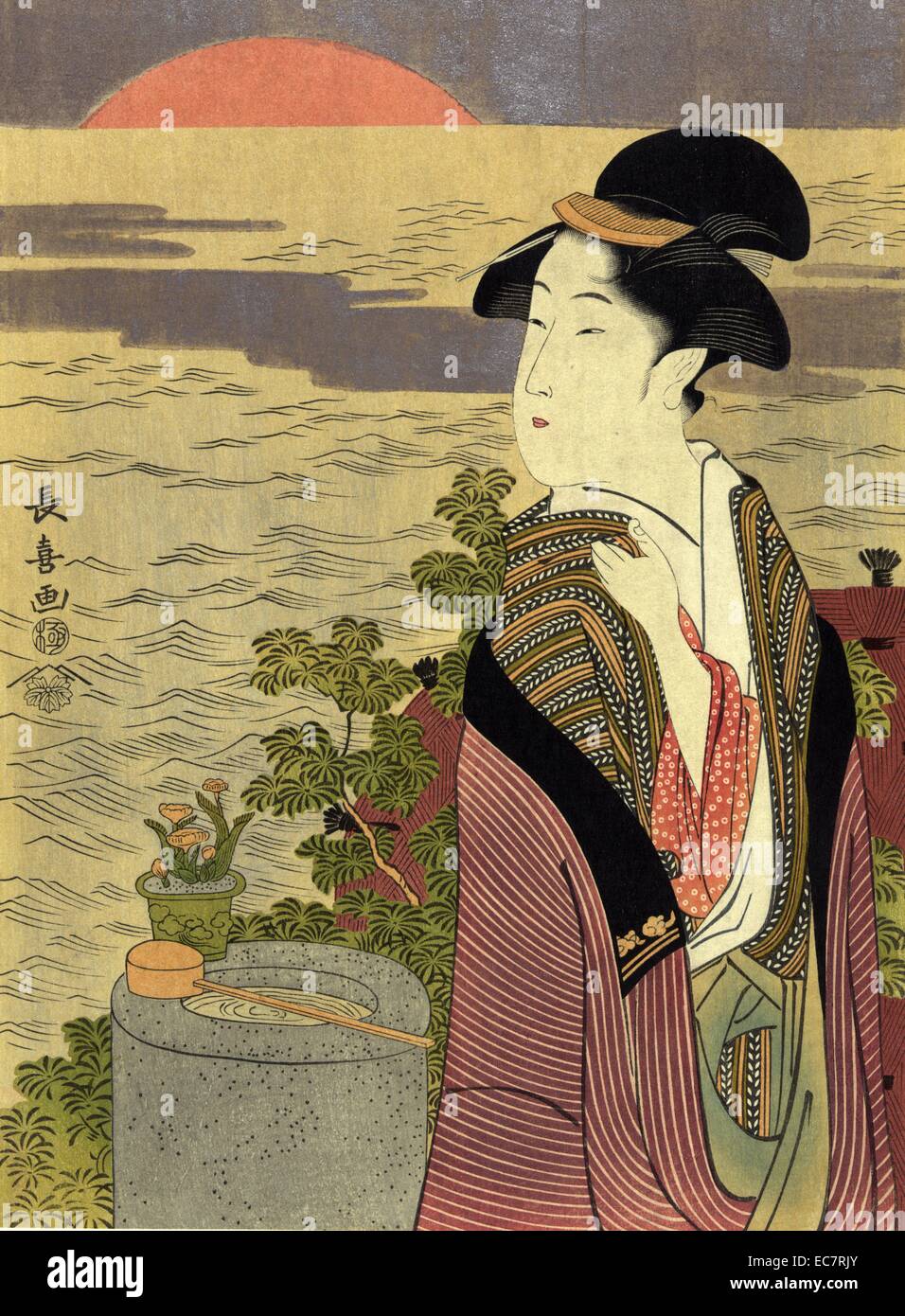 (Hatsuhinode premier lever du soleil). Par Eishosai Choki ; active 1789-1823 ; artiste japonais. Imprimer montre une femme debout sur une colline surplombant la mer au lever du soleil. Banque D'Images