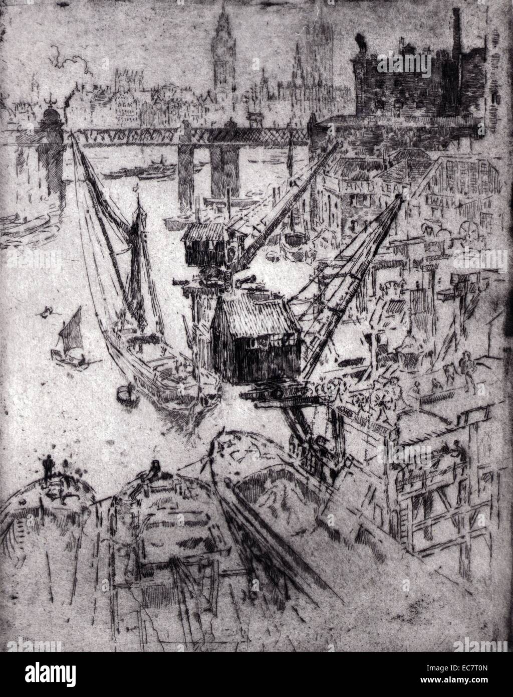 Vue d'impression a des travaux à Waterloo, sur la rivière Thames travaille à Waterloo par Joseph Pennell, 1857-1926 Banque D'Images