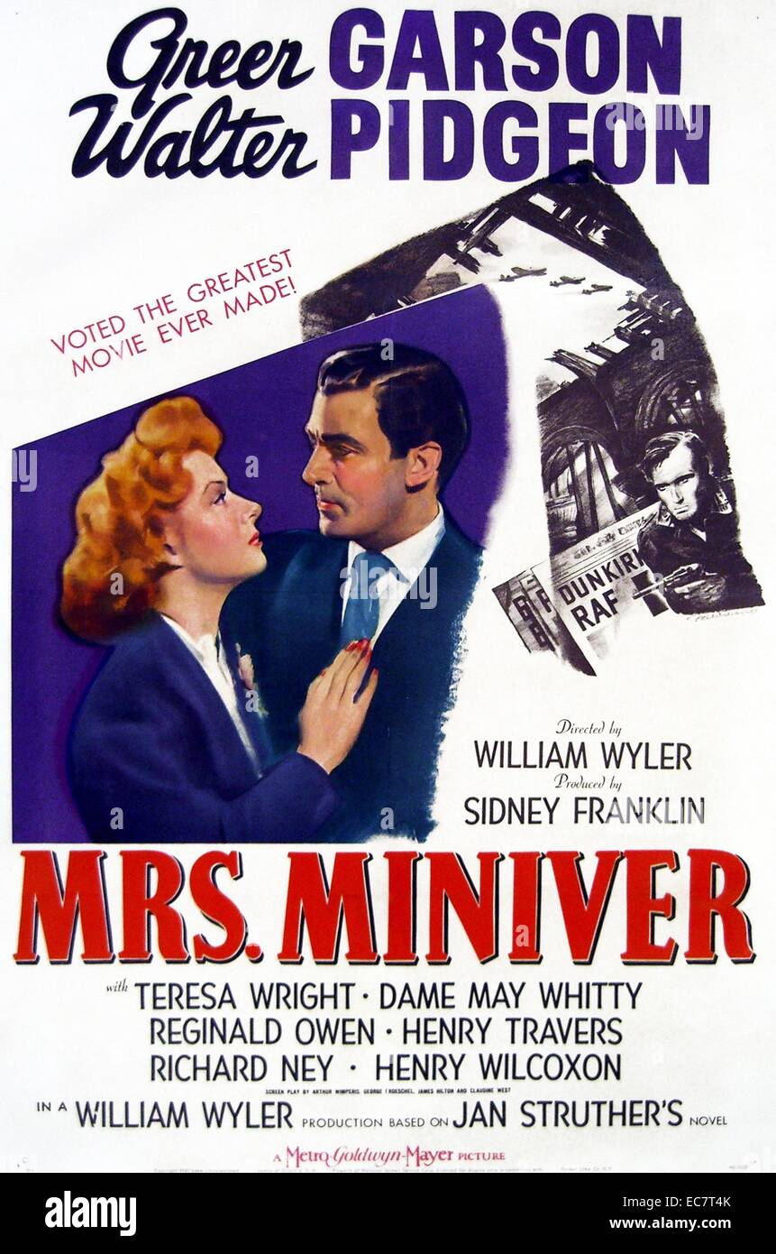 Mme Miniver est un film dramatique américain de 1942 réalisé par William Wyler, et avec Greer Garson et Walter Pidgeon. Basé sur le roman 1940 Madame Miniver par Jan Struther, le film montre comment la vie d'une femme au foyer britannique sans prétention dans l'Angleterre rurale est touchée par la Seconde Guerre mondiale. Banque D'Images