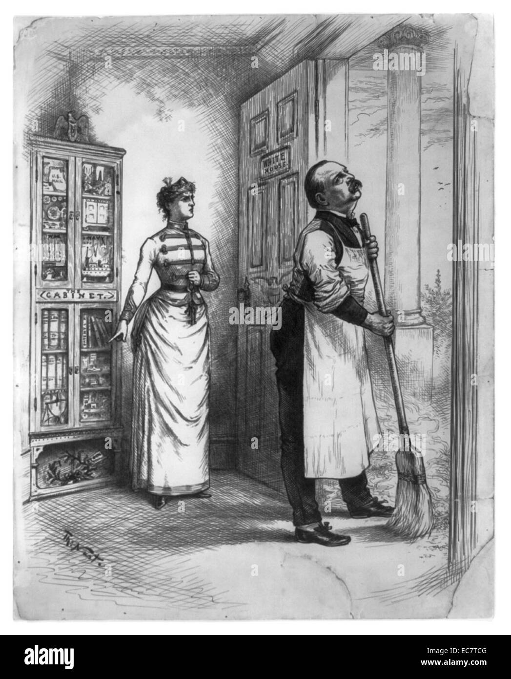 Président Grover est illustré des saletés de la porte avant de la Maison Blanche. Son dos est mis en colère et la tour de Colombie-Britannique, qui lui reproche d'ignorer une guirlande étiquetés. Banque D'Images