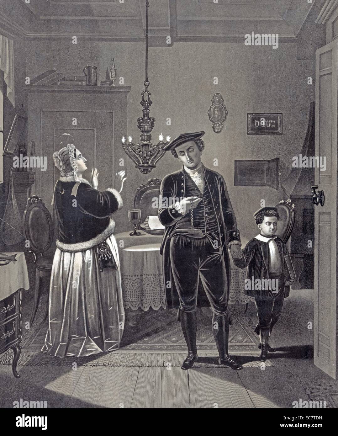 18e siècle, la famille juive européenne se préparent à célébrer le début du sabbat, c1868. Banque D'Images