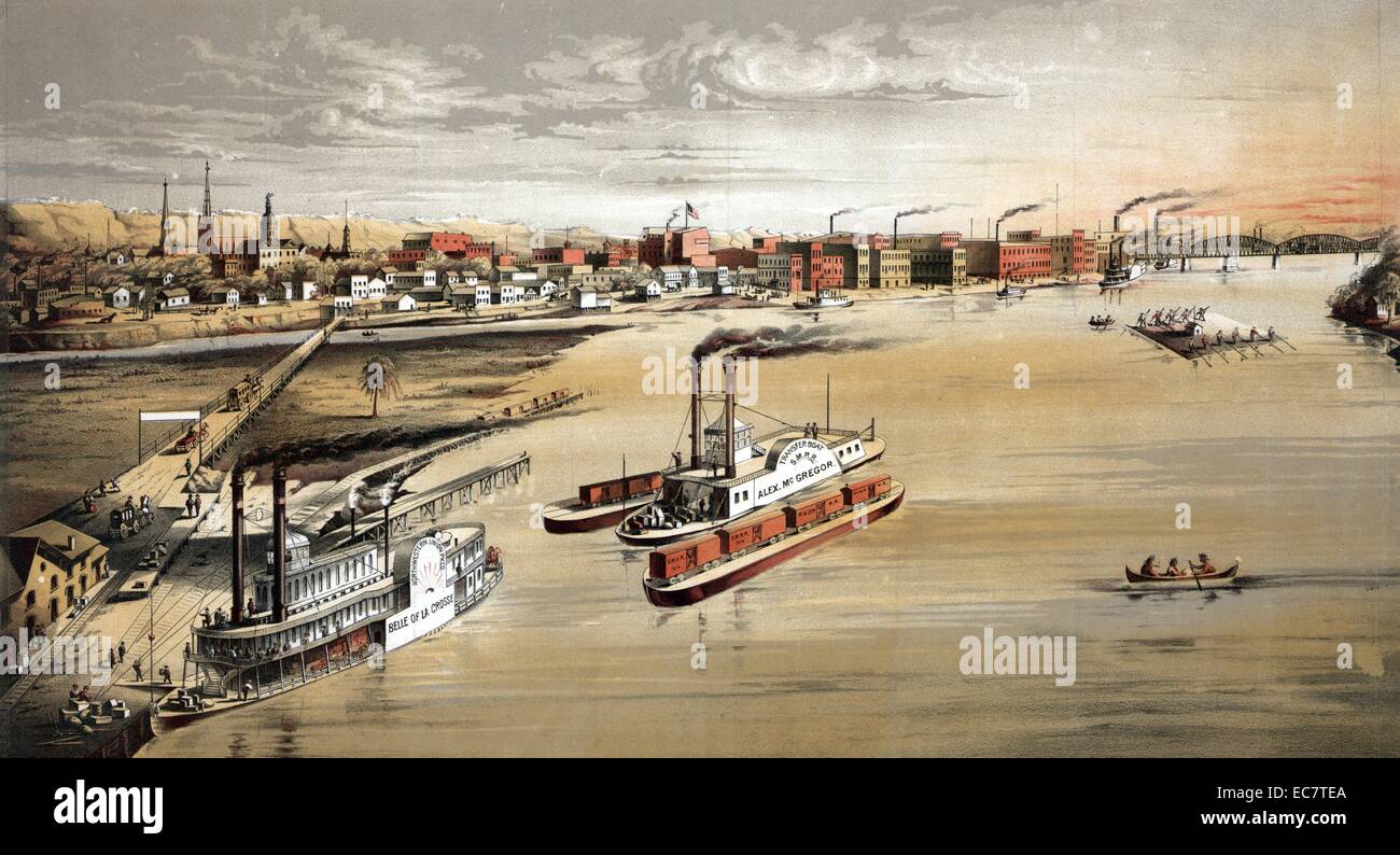 Une scène de la rivière Mississippi avec la "Belle de La Crosse' steamboat à gauche et un autre à vapeur, le 'Alex. McGregor', juste à droite du premier bateau. Le flottement des travailleurs sur une barge sur le fleuve, vers le pont où l'usine de la ville sont fondées. c1873 ( Banque D'Images