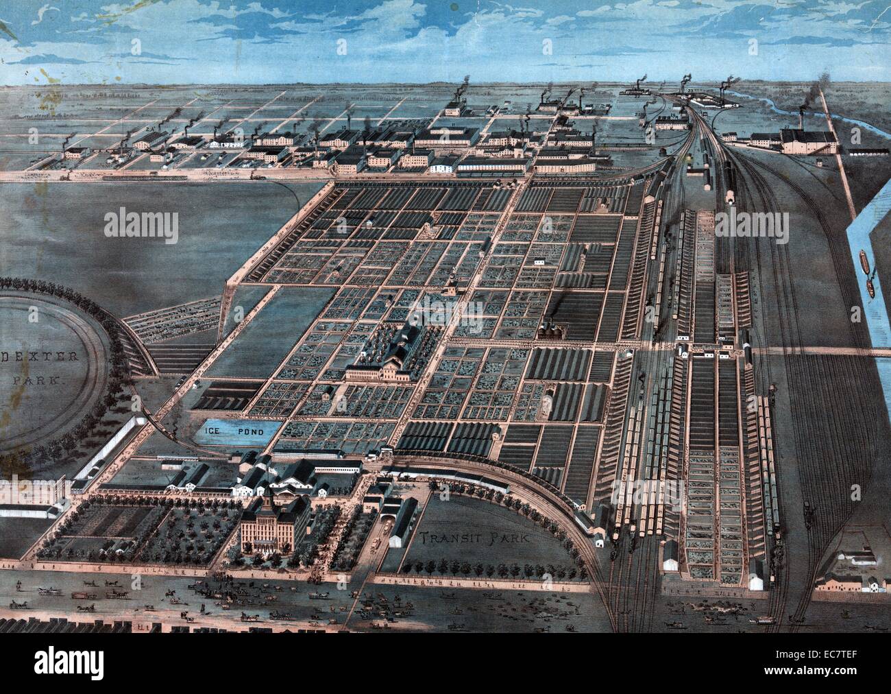 La grande Union Stock Yards de Chicago, y compris les maisons, les usines d'engrais pack, les abattoirs et d'autres entreprises. c1878 Banque D'Images