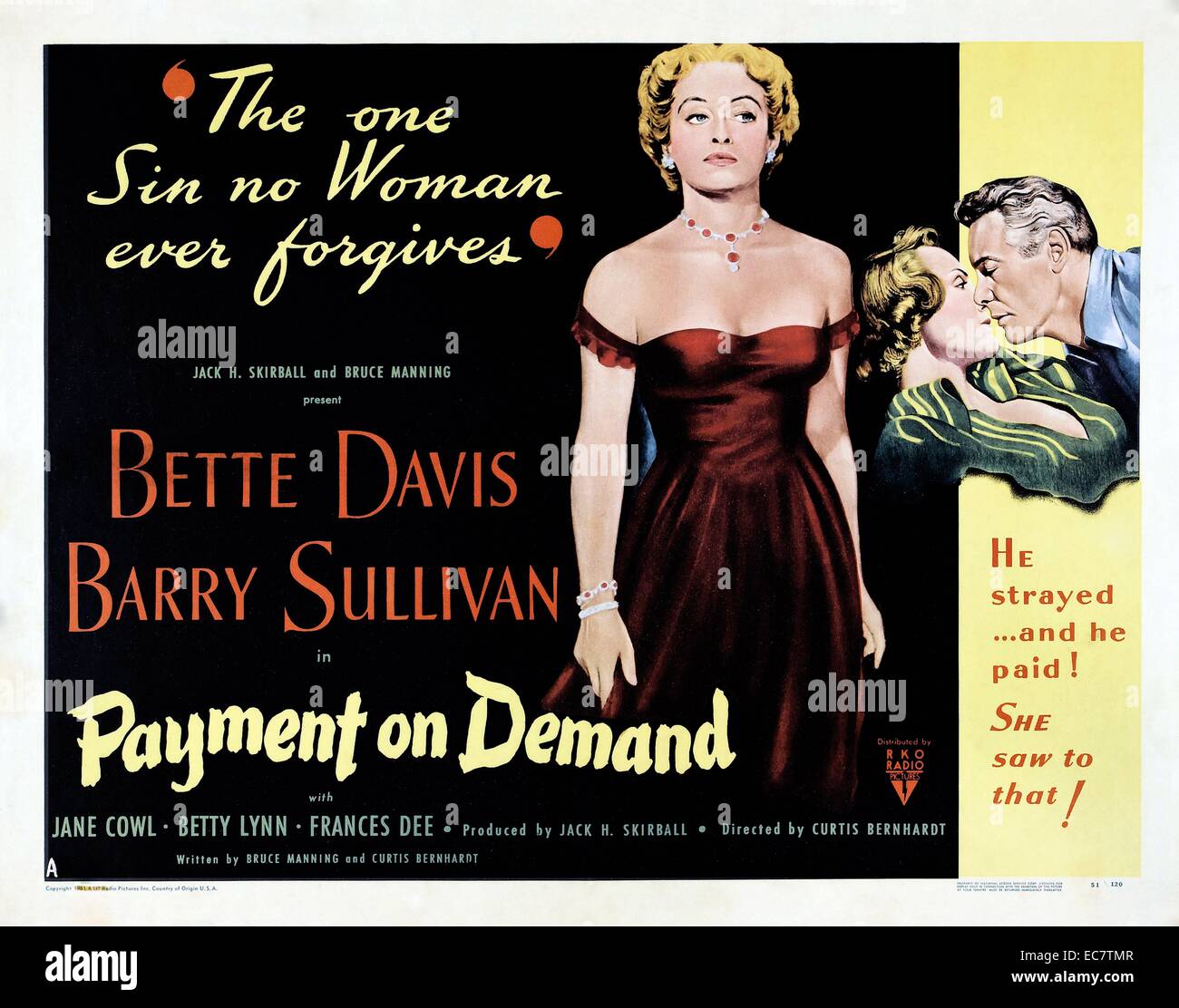 Paiement sur demande est un film américain de 1951 réalisé par Curtis Bernhardt qu'étoile Bette Davis. Le scénario de Bernhardt et Bruce Manning fait la chronique d'un mariage de ses premiers jours d'idéalistes de sa dissolution. Banque D'Images