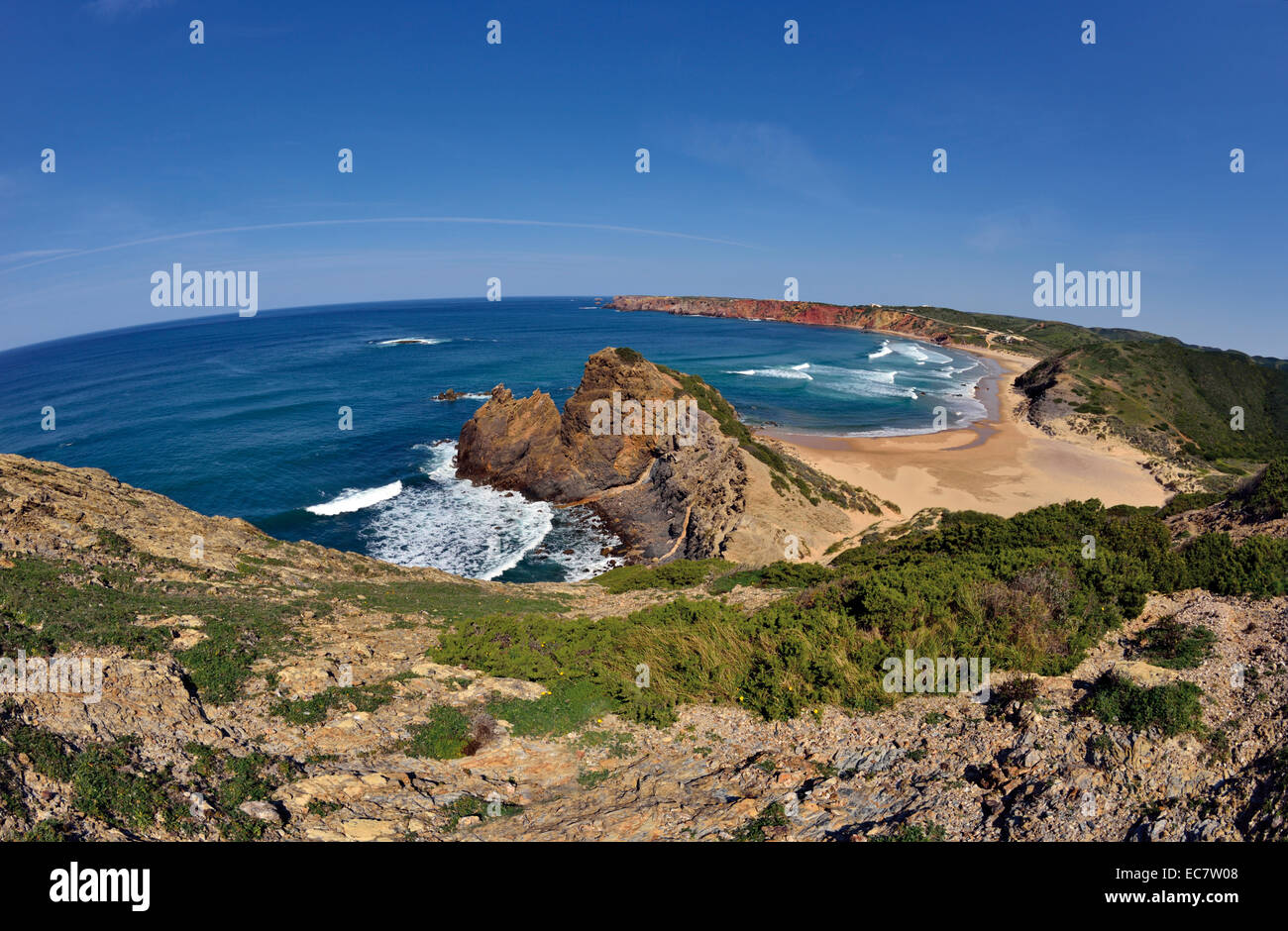 Le Portugal, l'Algarve : vue panoramique de la plage Praia do Amado dans le Parc Naturel Costa Vicentina Banque D'Images