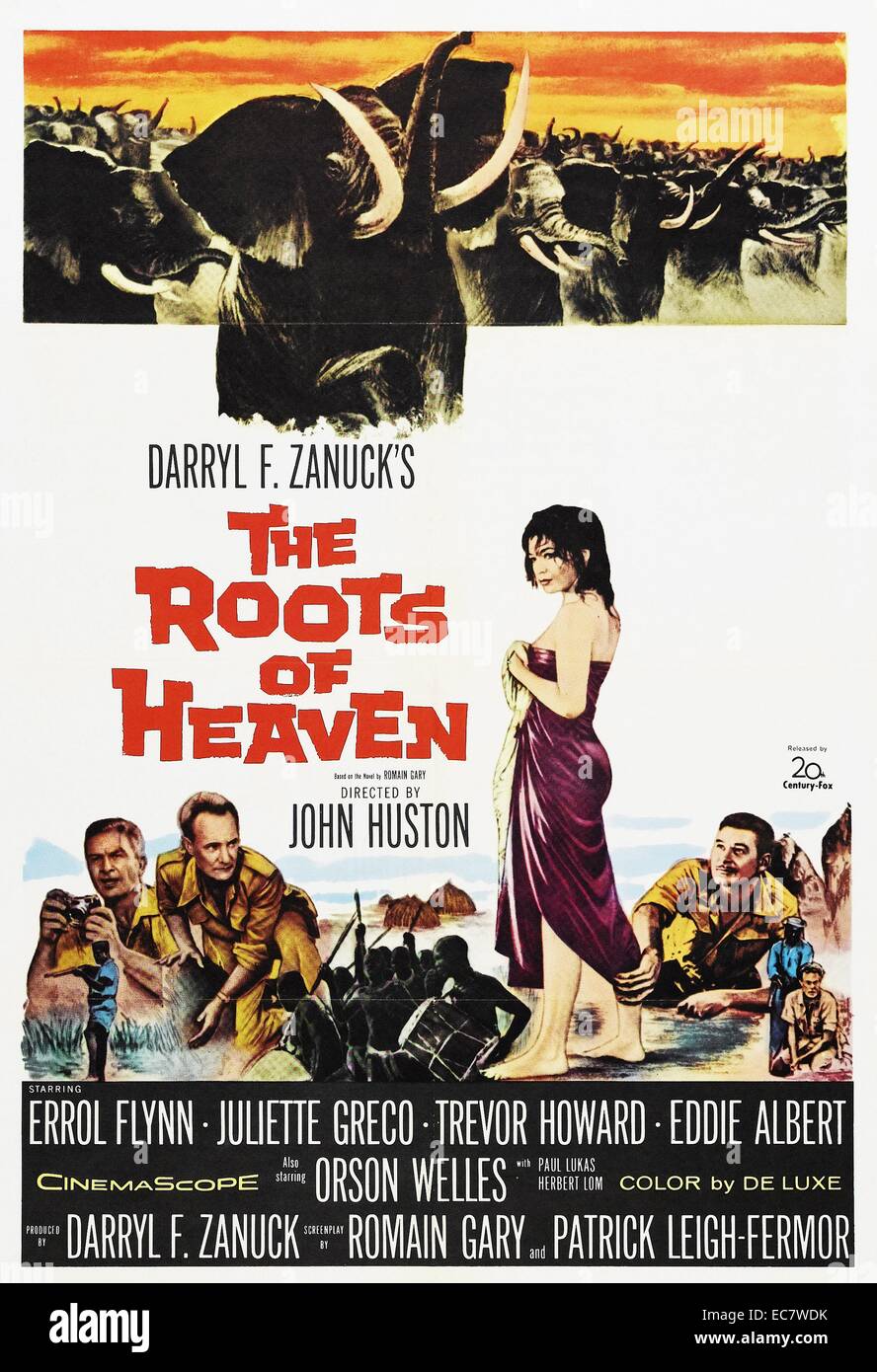 Les racines du ciel est un film d'aventure américain de 1958 réalisé par John Huston et produit par Darryl F. Zanuck. Il est basé sur Romain Gary's 1956 Prix Goncourt roman Les racines du Ciel (Les racines du ciel). Le film en vedette Errol Flynn, Juliette Gréco, Trevor Howard, Eddie Albert, Orson Welles, Paul Lukas, Herbert Lom et Gregoire Aslan. Banque D'Images